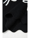 Black Bow Print Side Ties Scalloped Hem Sweater T Shirt - M