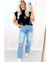 Black Bow Print Side Ties Scalloped Hem Sweater T Shirt - M