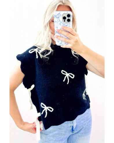 Black Bow Print Side Ties Scalloped Hem Sweater T Shirt - S