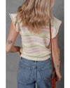 Oatmeal Colorful Striped Eyelet Knit Ruffled Sleeve Sweater T Shirt - L