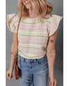 Oatmeal Colorful Striped Eyelet Knit Ruffled Sleeve Sweater T Shirt - L