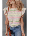 Oatmeal Colorful Striped Eyelet Knit Ruffled Sleeve Sweater T Shirt - L