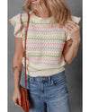 Oatmeal Colorful Striped Eyelet Knit Ruffled Sleeve Sweater T Shirt - L
