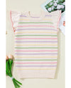 Oatmeal Colorful Striped Eyelet Knit Ruffled Sleeve Sweater T Shirt - L