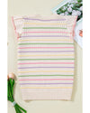 Oatmeal Colorful Striped Eyelet Knit Ruffled Sleeve Sweater T Shirt - L