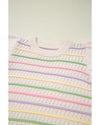 Oatmeal Colorful Striped Eyelet Knit Ruffled Sleeve Sweater T Shirt - L