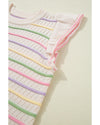 Oatmeal Colorful Striped Eyelet Knit Ruffled Sleeve Sweater T Shirt - L