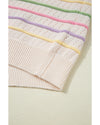 Oatmeal Colorful Striped Eyelet Knit Ruffled Sleeve Sweater T Shirt - L