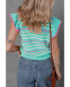 Green Colorful Striped Eyelet Knit Ruffled Sleeve Sweater T Shirt - L