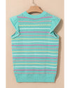 Green Colorful Striped Eyelet Knit Ruffled Sleeve Sweater T Shirt - L