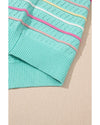 Green Colorful Striped Eyelet Knit Ruffled Sleeve Sweater T Shirt - L