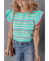Green Colorful Striped Eyelet Knit Ruffled Sleeve Sweater T Shirt - M