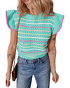 Green Colorful Striped Eyelet Knit Ruffled Sleeve Sweater T Shirt - M