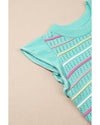 Green Colorful Striped Eyelet Knit Ruffled Sleeve Sweater T Shirt - M