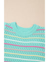 Green Colorful Striped Eyelet Knit Ruffled Sleeve Sweater T Shirt - XL