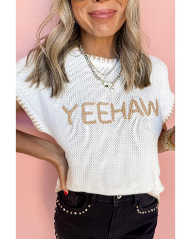 White Knitted YEEHAW Stitch Edge Crew Neck Sweater T Shirt - M