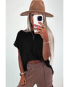 Black Solid Color Sweater Tee with Side Slits - M