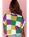 Tillandsia Purple Sequin Mardi Gras Fleur de Lis Color Block Sweater T Shirt - XL