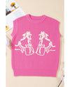 Bright Pink Western Horse Embroidered Round Neck Sweater Tee - M