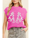 Bright Pink Western Horse Embroidered Round Neck Sweater Tee - XL