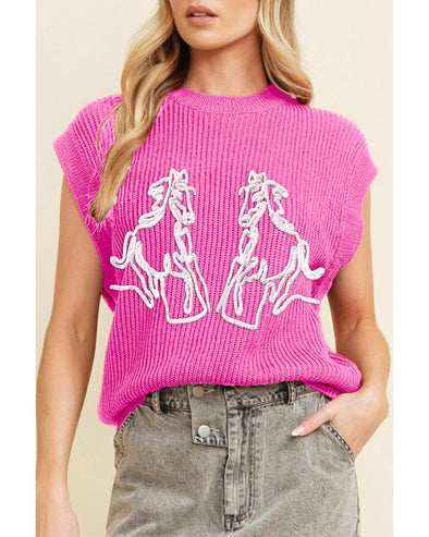 Bright Pink Western Horse Embroidered Round Neck Sweater Tee - XL