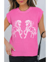 Sachet Pink Western Horse Embroidered Round Neck Sweater Tee - M