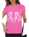 Sachet Pink Western Horse Embroidered Round Neck Sweater Tee - M