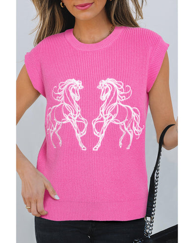 Sachet Pink Western Horse Embroidered Round Neck Sweater Tee - S