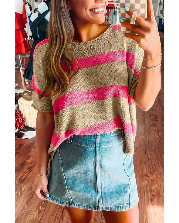Pink Stripe Colorblock Short Sleeve Crew Neck Lightweight Sweater - L