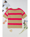Pink Stripe Colorblock Short Sleeve Crew Neck Lightweight Sweater - L