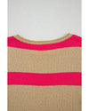 Pink Stripe Colorblock Short Sleeve Crew Neck Lightweight Sweater - L