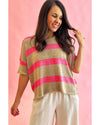 Pink Stripe Colorblock Short Sleeve Crew Neck Lightweight Sweater - M