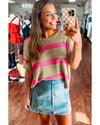 Pink Stripe Colorblock Short Sleeve Crew Neck Lightweight Sweater - S