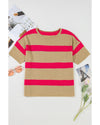 Pink Stripe Colorblock Short Sleeve Crew Neck Lightweight Sweater - S