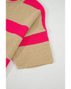 Pink Stripe Colorblock Short Sleeve Crew Neck Lightweight Sweater - XL