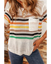 White Striped Pocketed Loose Fit Crewneck Knitted T Shirt - M