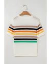 White Striped Pocketed Loose Fit Crewneck Knitted T Shirt - S