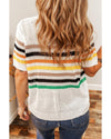 White Striped Pocketed Loose Fit Crewneck Knitted T Shirt - XL