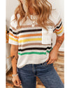 White Striped Pocketed Loose Fit Crewneck Knitted T Shirt - XL