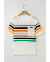 White Striped Pocketed Loose Fit Crewneck Knitted T Shirt - XL