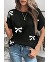 Black Bow Pattern Knit Short Sleeve Sweater - L