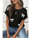 Black Bow Pattern Knit Short Sleeve Sweater - M