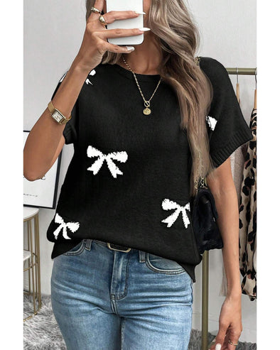 Black Bow Pattern Knit Short Sleeve Sweater - S
