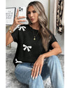 Black Bow Pattern Knit Short Sleeve Sweater - S