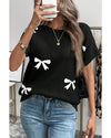 Black Bow Pattern Knit Short Sleeve Sweater - XL