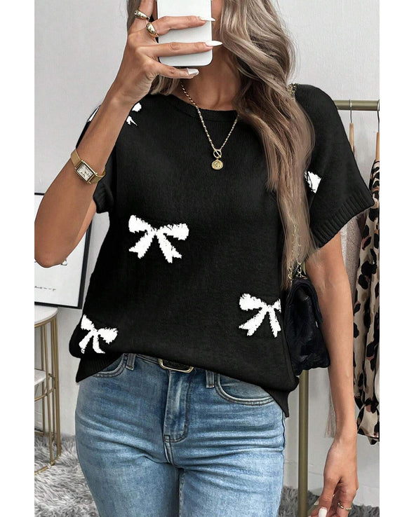 Black Bow Pattern Knit Short Sleeve Sweater - XL