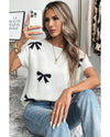 Black Bow Pattern Knit Short Sleeve Sweater - L
