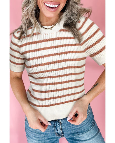 Khaki Stripe Scalloped Round Neck Short Sleeve Sweater - L