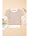 Khaki Stripe Scalloped Round Neck Short Sleeve Sweater - L