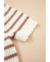 Khaki Stripe Scalloped Round Neck Short Sleeve Sweater - L